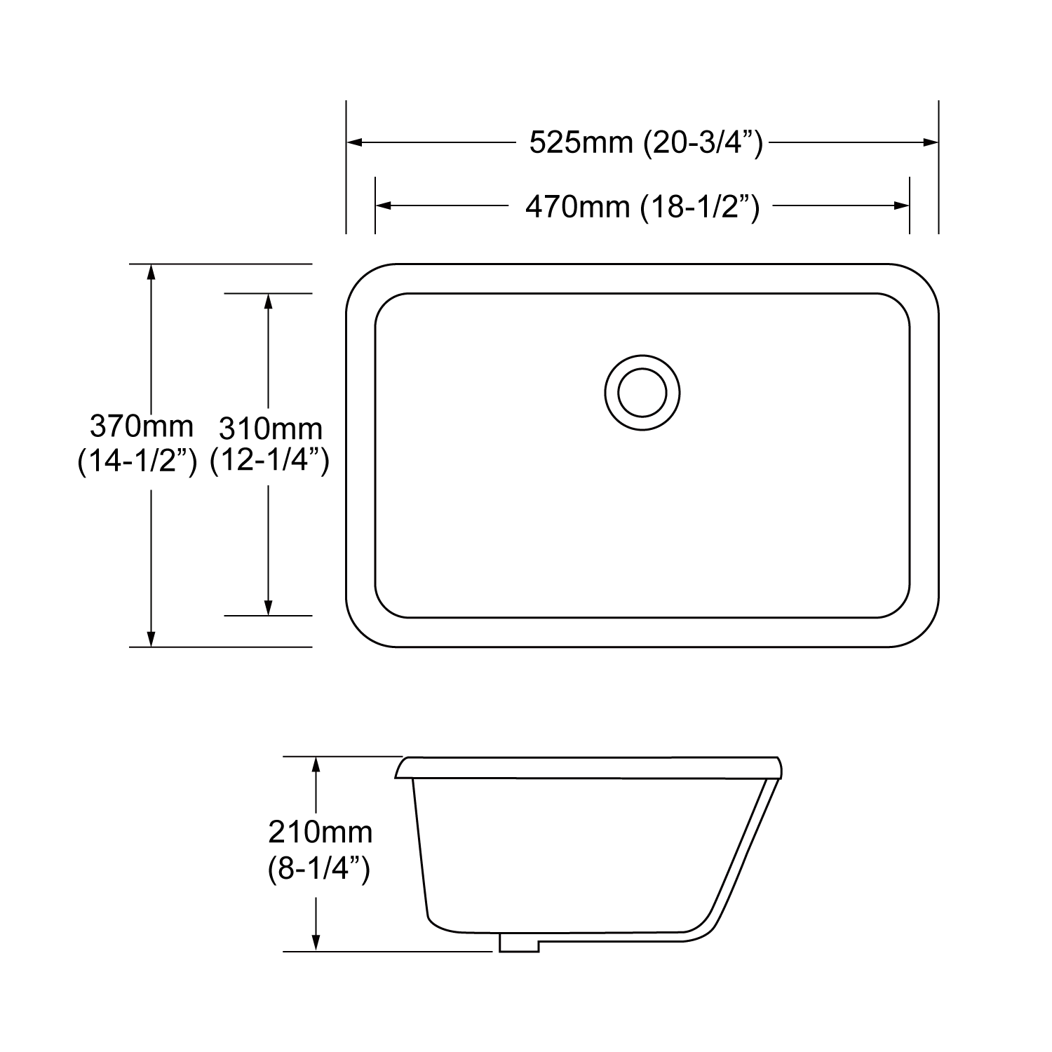 Wash basin size in outlet inches